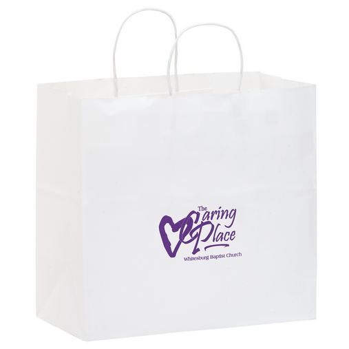 Custom Printed White Kraft Paper Carry-Out Bag (13"x7"x12 3/4") - Flexo Ink - 1W13712-FI